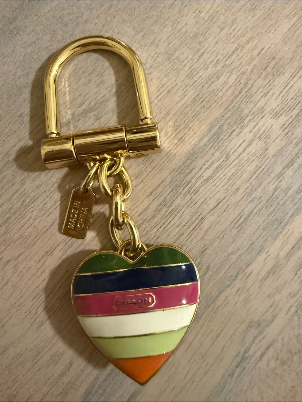 Coach Gold-Tone Multicolor Stripe Heart Key Fob